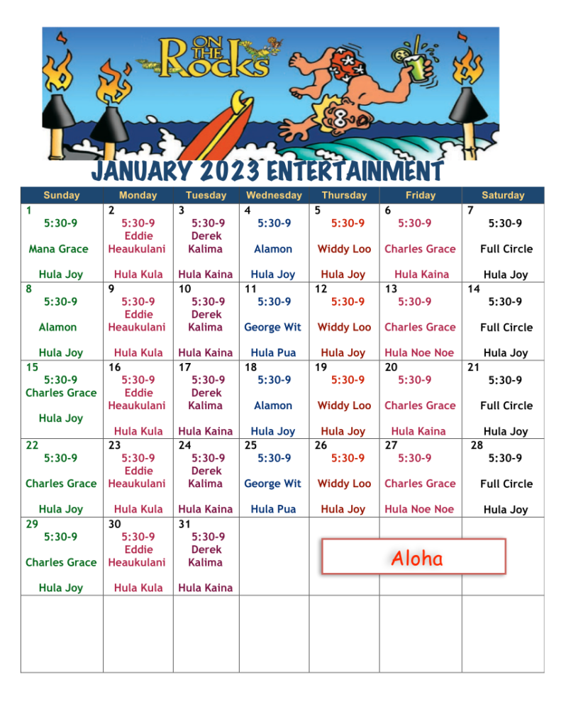 Huggo's On The Rocks January 2023 Entertainment Calendar