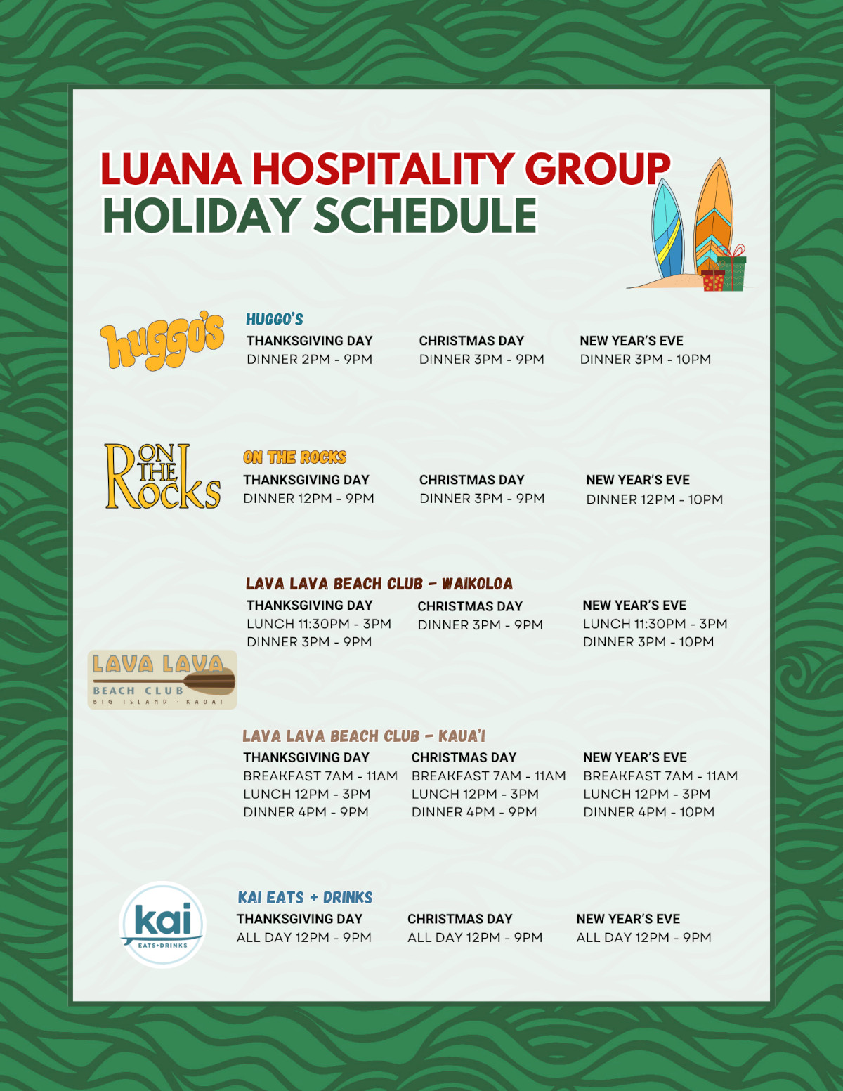 Huggo's Holiday Menu 2025